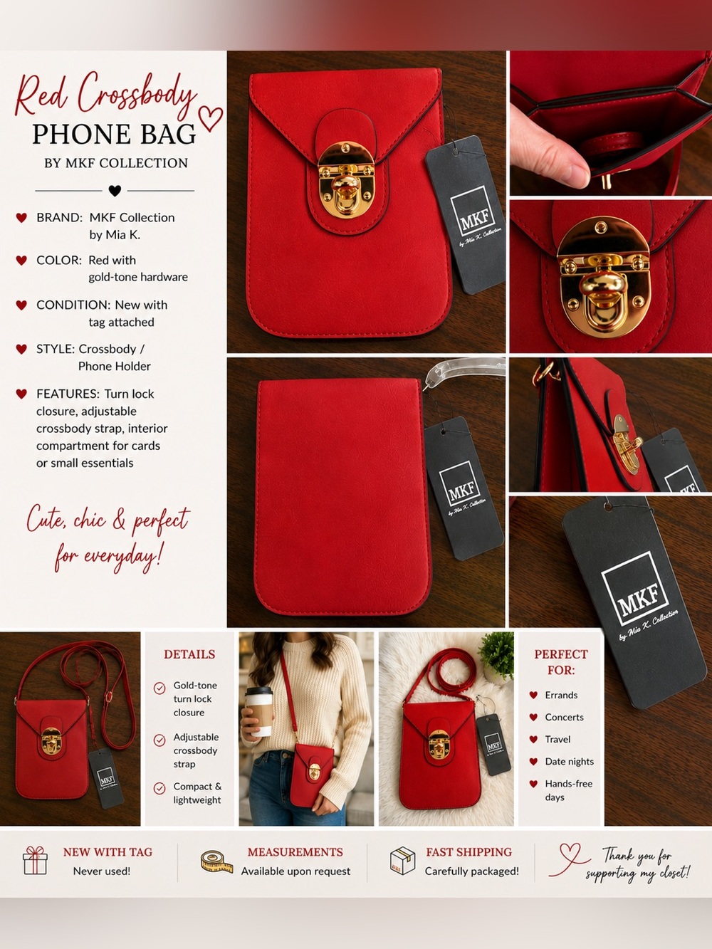 MKF Collection Red Crossbody Phone Bag with Gold-Tone Hardware